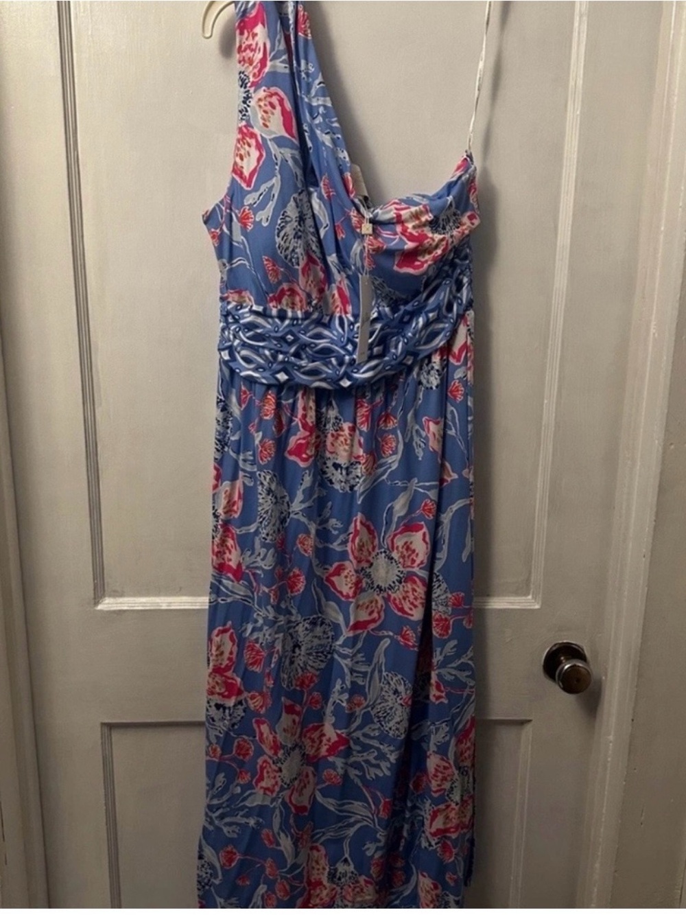 Lilly Pulitzer Blue One-Shoulder Floral Maxi Dress with Pink Accents